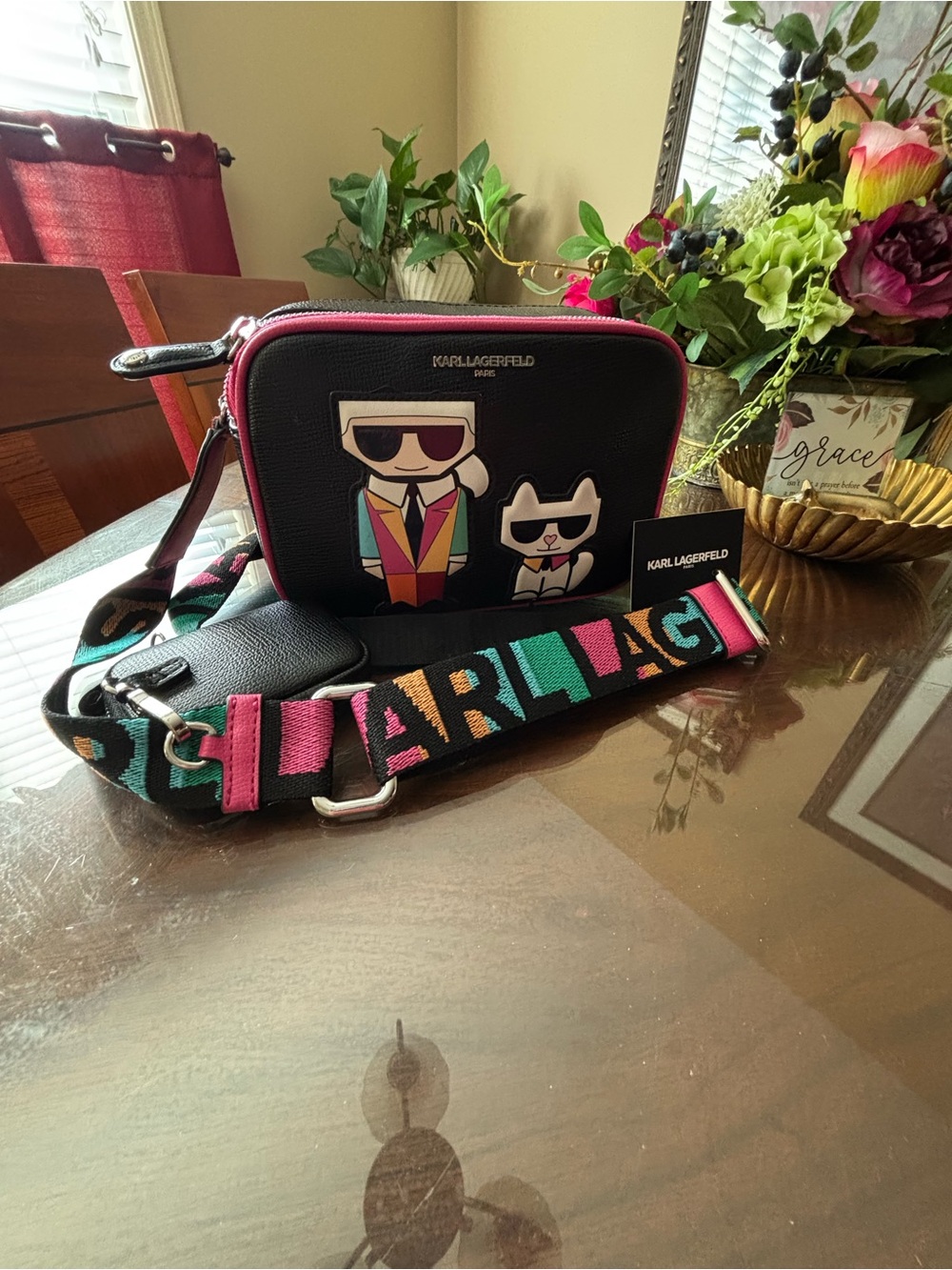 Karl Lagerfeld Black Crossbody Bag with Pink Trim and Multicolor Strap